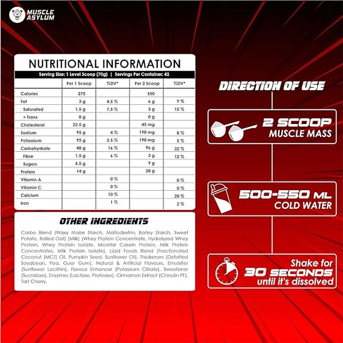 Muscle Asylum- Muscle Mass Anabolic Gainer- 14g Protein, 48g carbs, 275g Calories High Calorie Mass Gainer/Weight Gainer Powder (6.6lb, 3kg, 42Servings)