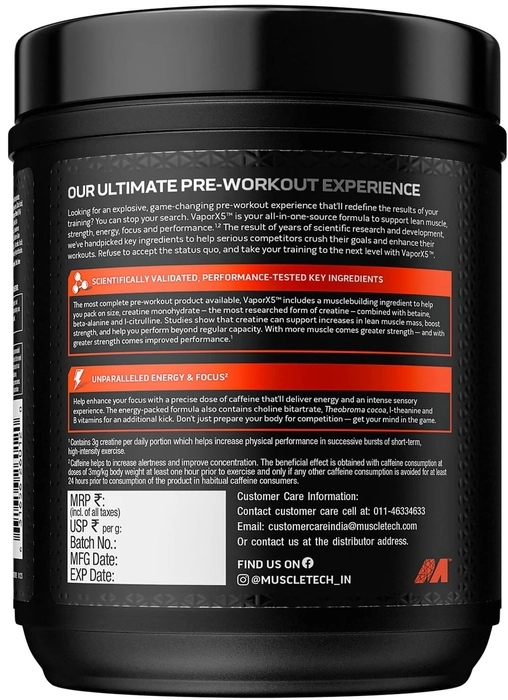 Muscletech Vapor X5 Pre-workout, 3.2g Beta-Alanine, 3g Creatine, 650mg Betaine Anhydrous, 3g L-Citrulline 270g (30 Servings)