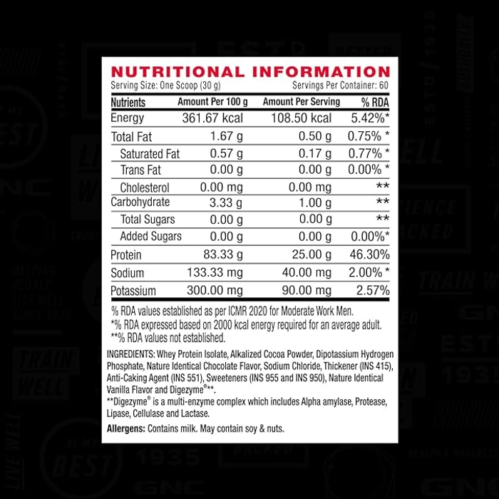 GNC AMP Pure Isolate Protein Powder 25g Protein Per Scoop, 6g Bcaa, Low Carbs With Zero Added Sugar 1.81kg