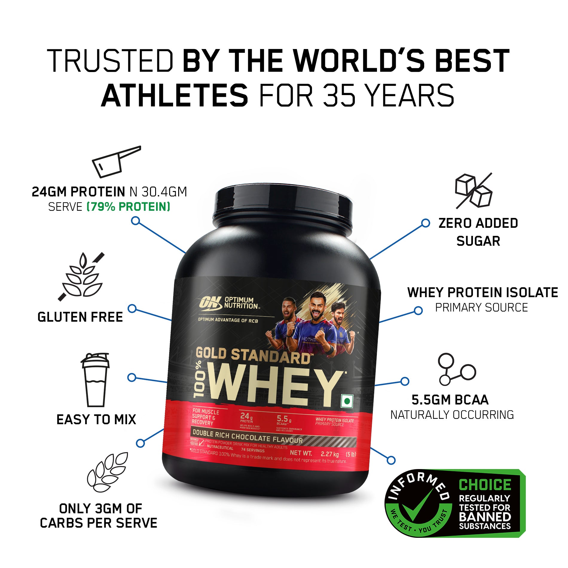 ON (Optimum Nutrition) Gold Standard 100% Whey Protein, 1.7 kg (3.74 lb), Double Rich Chocolate