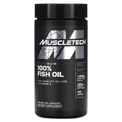 Muscletech Platinum 100% Fish Oil, 1000mg Fish Oil, 300mg Omega-3 Fatty Acids, 180mg EPA & 120mg DHA, (100 Softgel Capsules)