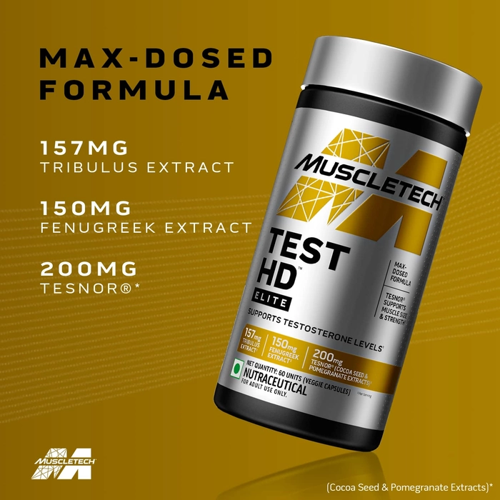 MuscleTech Test HD Elite, Testosterone Booster, Tesnor Extract 200mg, Tribulus Extract 157mg, Fenugreek Extract 150mg, Ashwagandha Extract 62.5mg, Stinging Needle Extract 50mg, Korean Ginseng Extarct