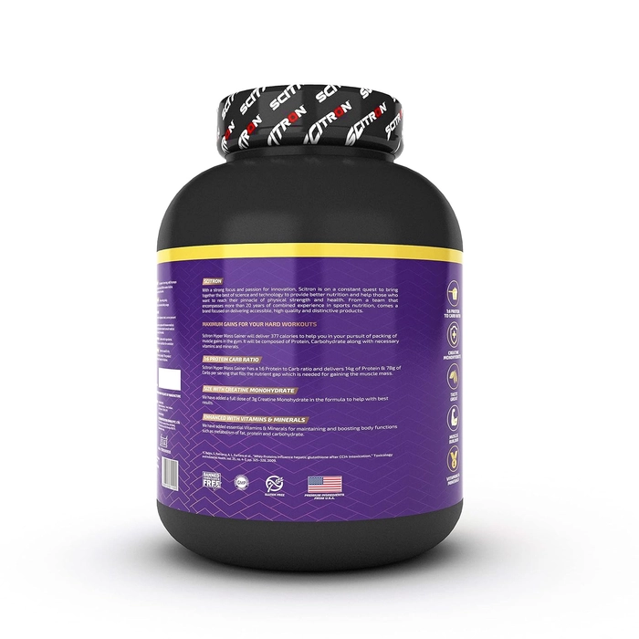 Scitron Nitro Series Hyper Mass Gainer ( 377 Kcal, 14g Protein, 78g Carbs, 3g Creatine, 6.14g EAAs, 19 Vitamins & Minerals ) 6.6 lb