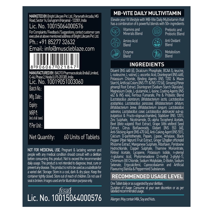 MuscleBlaze MB Vite Daily Multivitamin - Unflavoured, 60 Tablets