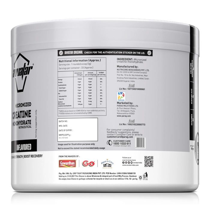 Avvatar Micronized Creatine Monohydrate Powder 100g (33 Servings)