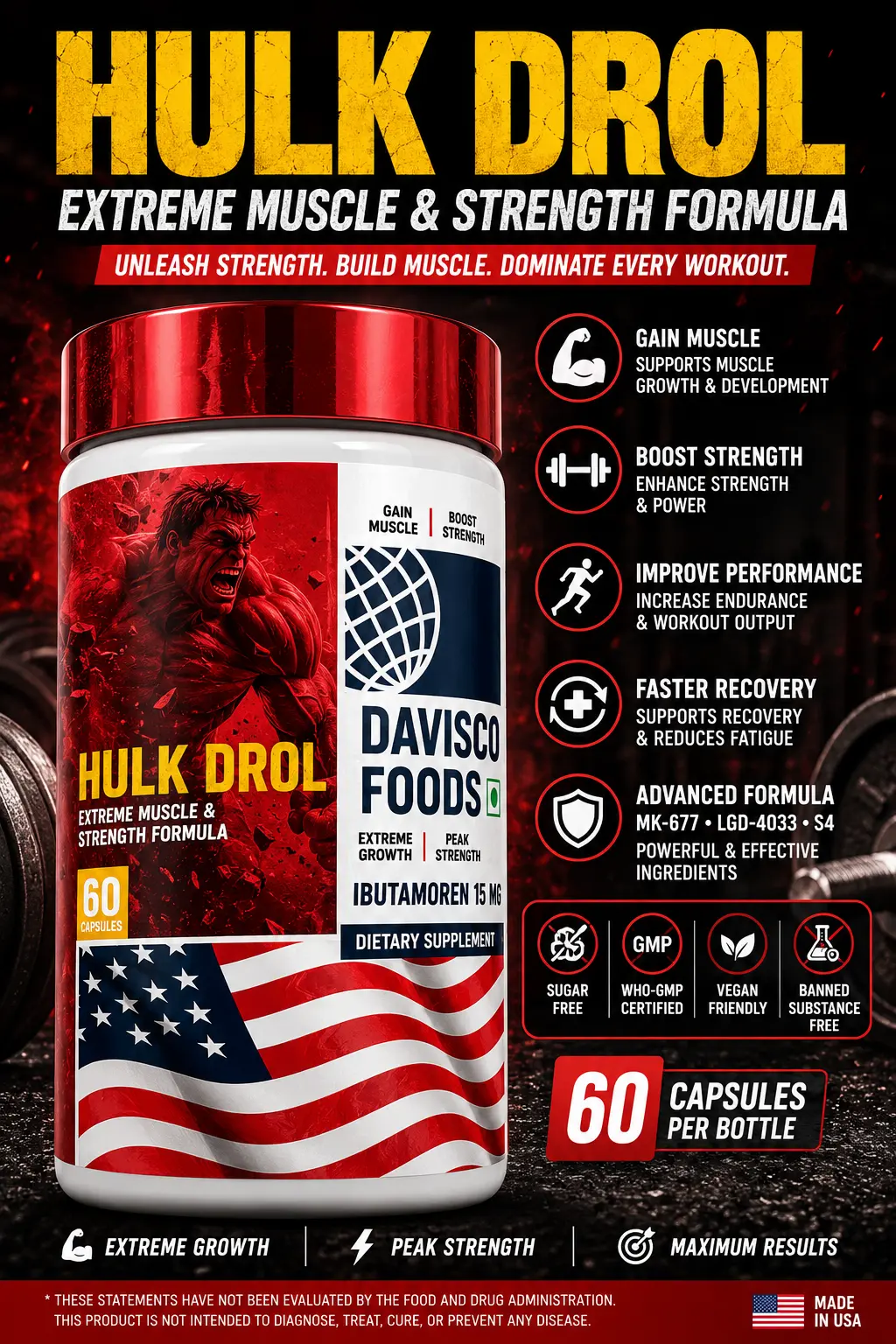 Davisco Foods Hulk Drol Extreme Muscle & Strength Formula | Advanced Performance Support