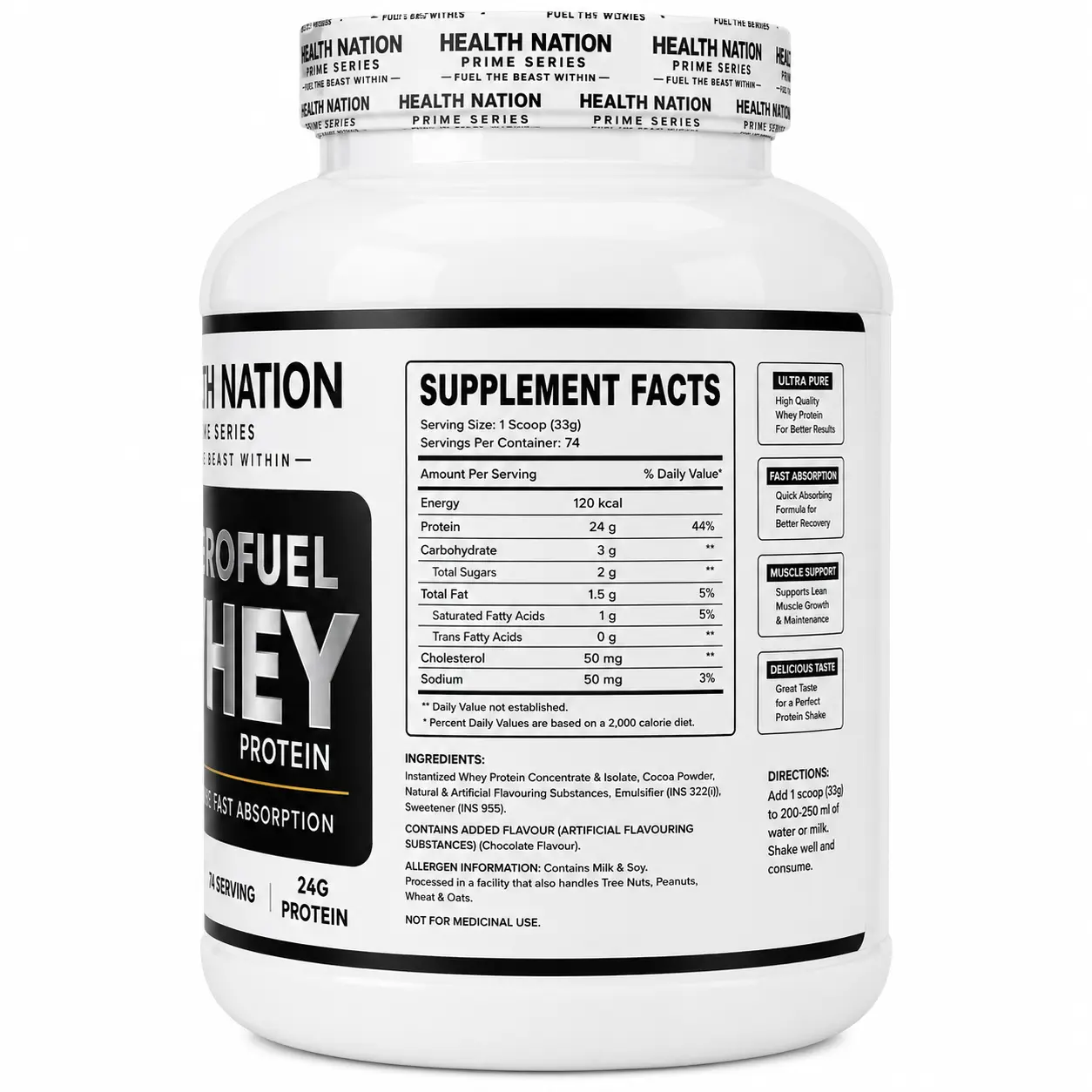 Health Nation Prime Series HydroFuel Whey Protein 2.25kg | 24g Protein Per Serving | Whey Concentrate & Isolate Blend | Fast Absorption Recovery Formula | 74 Servings | Chocolate Flavour