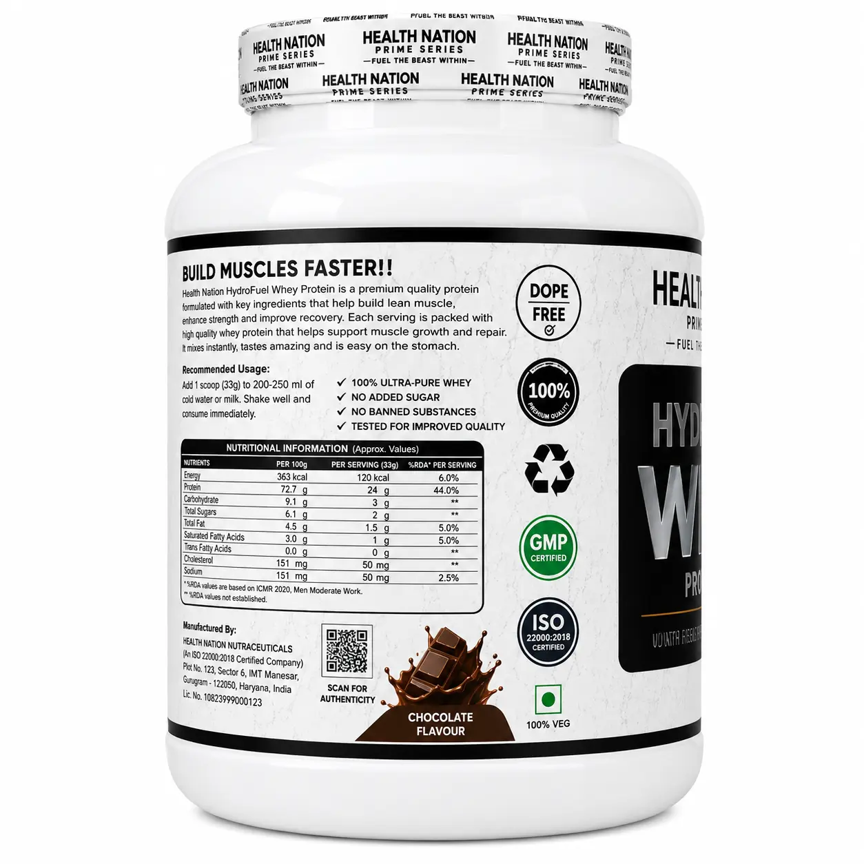 Health Nation Prime Series HydroFuel Whey Protein 2.25kg | 24g Protein Per Serving | Whey Concentrate & Isolate Blend | Fast Absorption Recovery Formula | 74 Servings | Chocolate Flavour