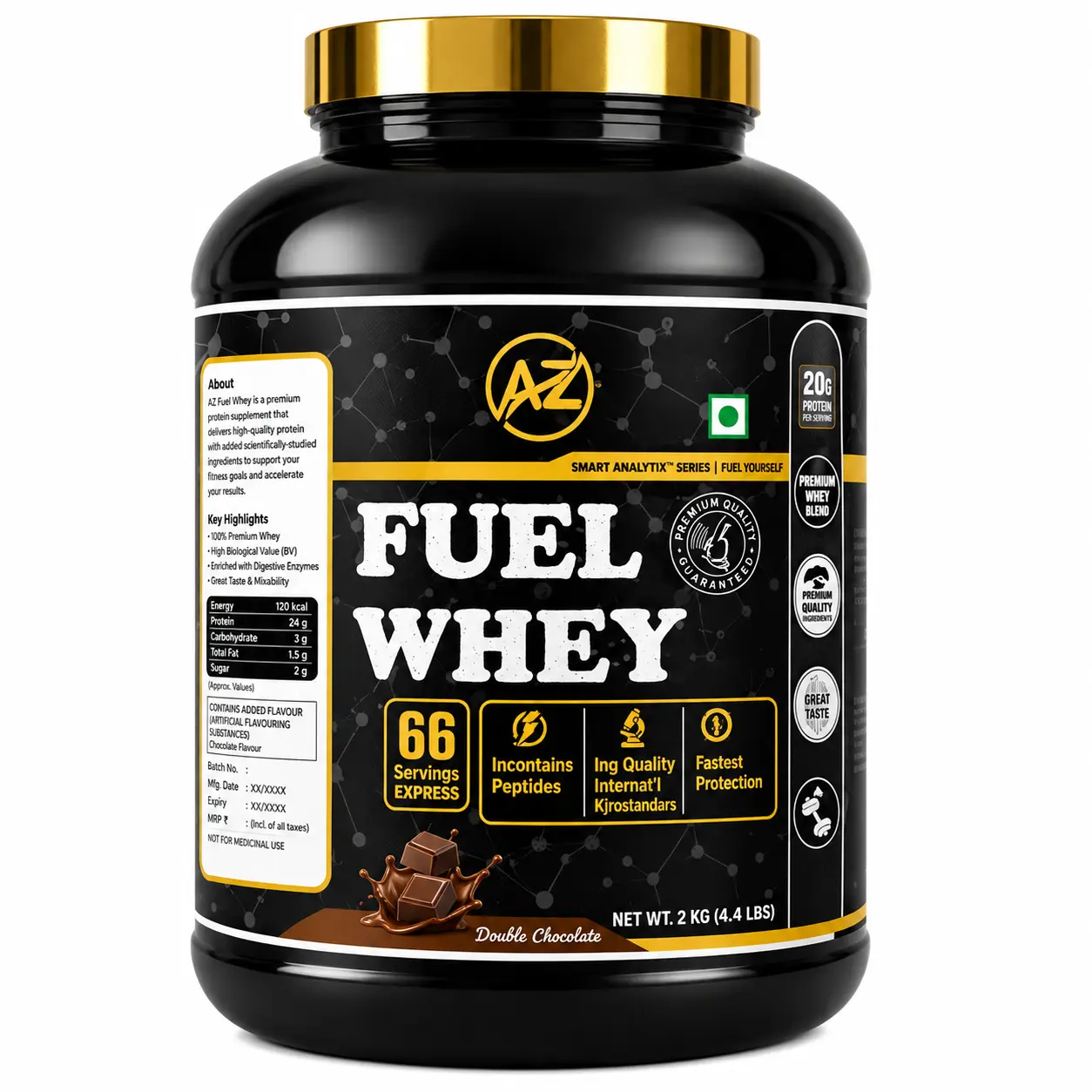 AZ Fuel Whey Protein Powder 2kg | 24g Protein Per Serving | Premium Whey Blend | Double Chocolate | 66 Servings
