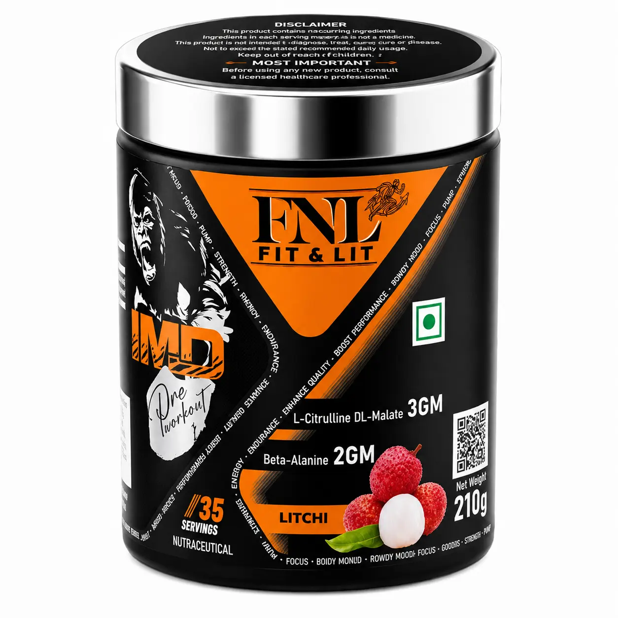 FNL Fit & Lit IMD Pre Workout | L-Citrulline DL-Malate 3g | Beta-Alanine 2g | Litchi Flavour | 210g | 35 Servings