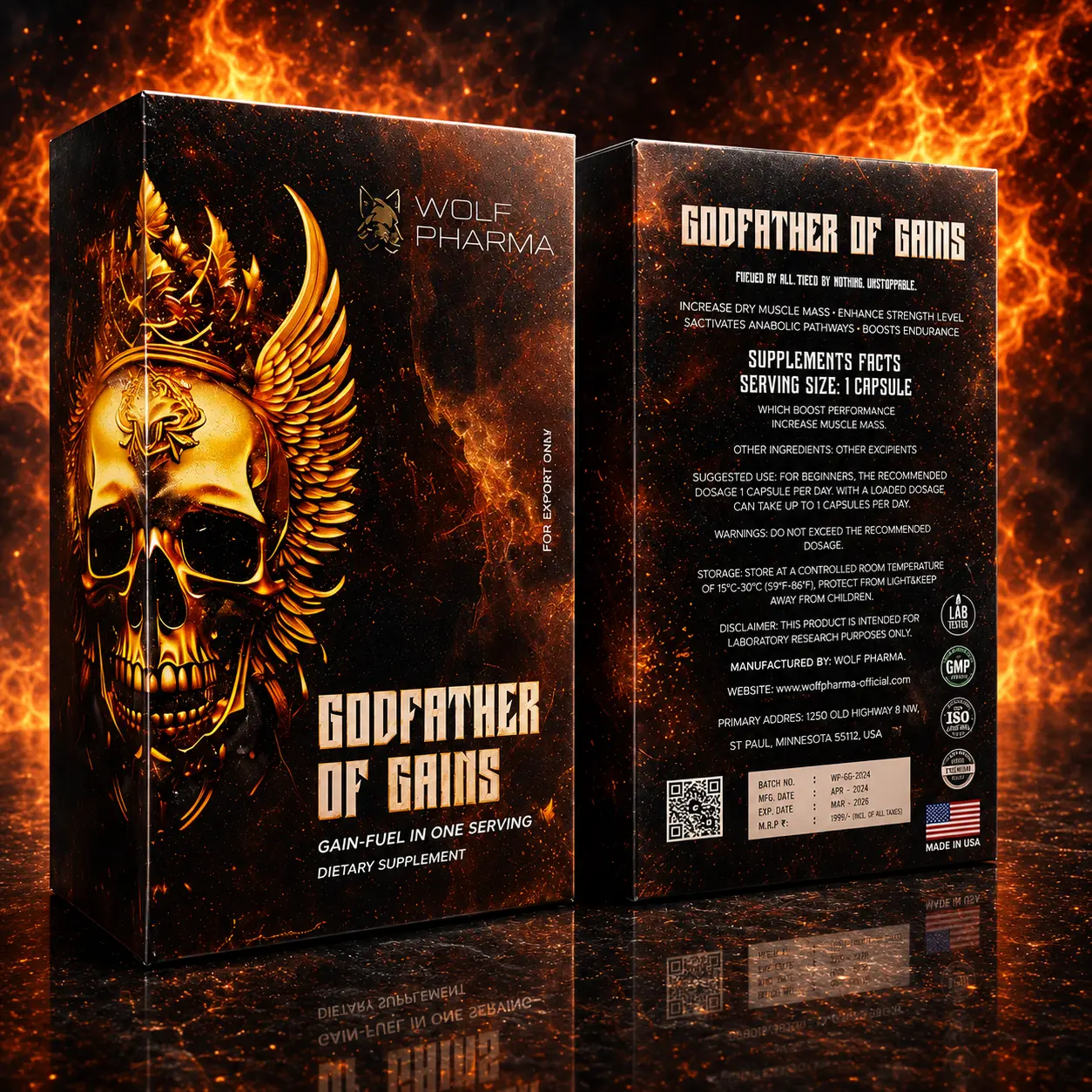 Wolf Pharma Godfather of Gains | Advanced Muscle Mass & Strength Support Formula | Performance & Endurance Enhancement | Dietary Supplement | Made in USA