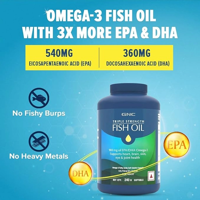 GNC Triple Strength Fish Oil 900mg EPA/DHA, Omega 3 240 Softgels