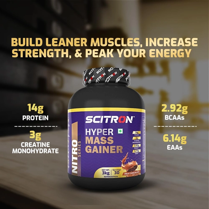 Scitron Nitro Series Hyper Mass Gainer ( 377 Kcal, 14g Protein, 78g Carbs, 3g Creatine, 6.14g EAAs, 19 Vitamins & Minerals ) 6.6 lb